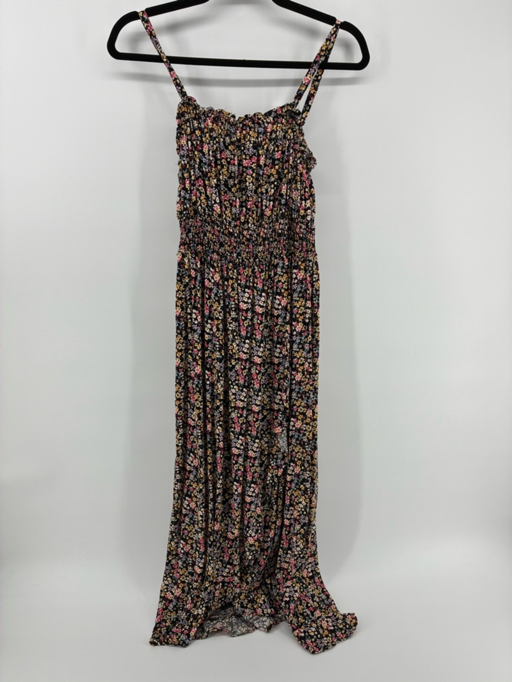 Black Floral Smocked Maxi Wrap Dress